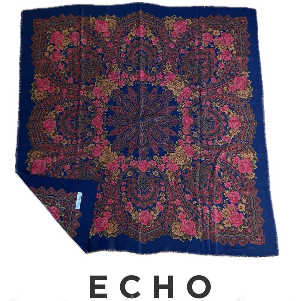 🌺Spectacular Vintage ECHO Navy & Pink Fine Wool 43” Square Scarf—Lightweight